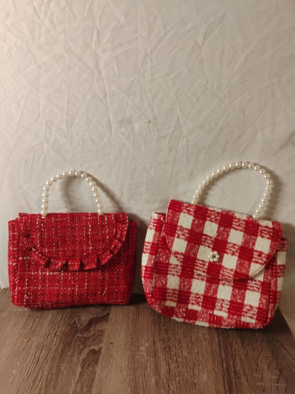 Set of 2 Tweed Fabric Glitter mini Purses/w Pearl handles